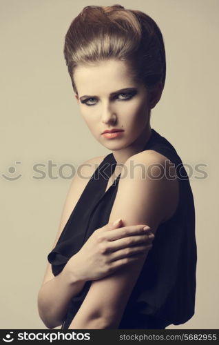 pretty female with fashion elegant style posing with creative dress, stylish make-up and cute black dress