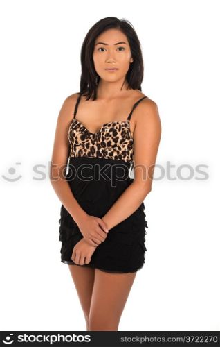 Pretty Filipino woman in a leopard print and black dress