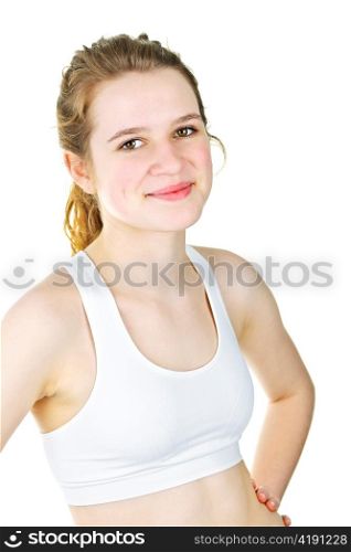 Pretty fit young woman ready for workout on white background