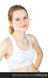 Pretty fit young woman ready for workout on white background