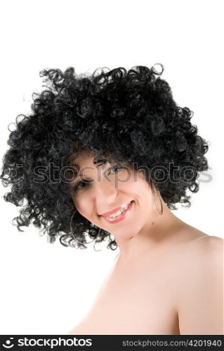 pretty frizzy young woman portrait isolated on a white