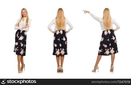Pretty girl in black skirt with flowers isolated on white