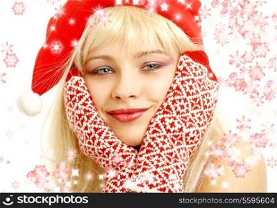 pretty girl in christmas hat with rendered snowflakes