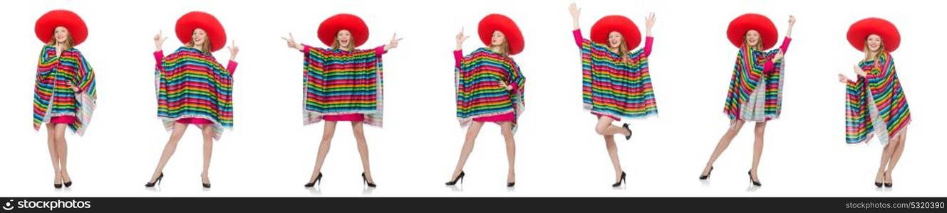 Pretty girl in mexican poncho isolated on white