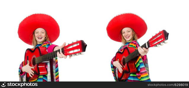 Pretty girl in mexican poncho with guitar isolated on white