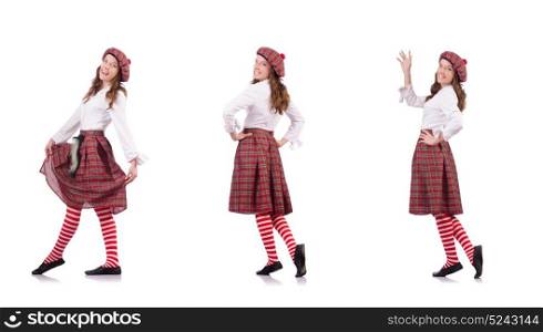 Pretty girl in plaid red clothing isolated on white