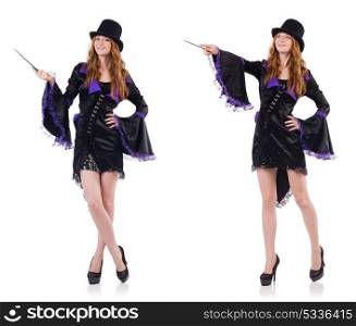 Pretty girl in purple carnival clothing and hat isolated on whit. Pretty girl in purple carnival clothing and hat isolated on white