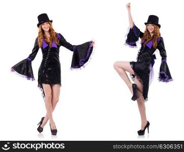 Pretty girl in purple carnival clothing and hat isolated on whit. Pretty girl in purple carnival clothing and hat isolated on white