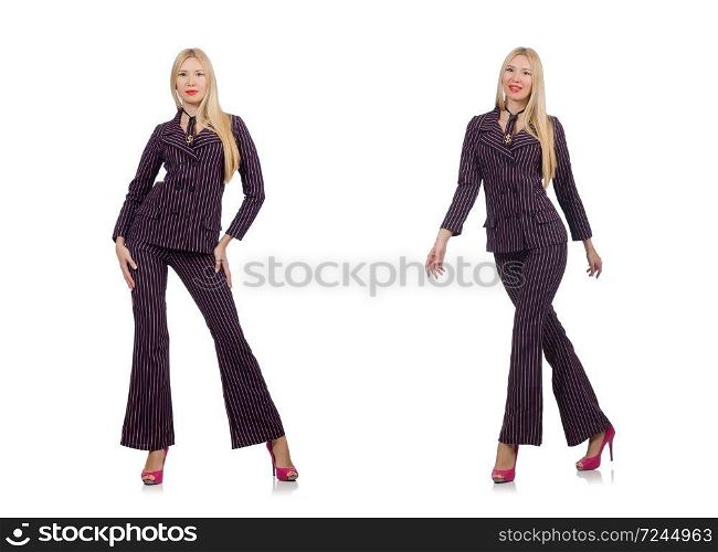 Pretty girl in purple retro suit isolated on white