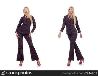 Pretty girl in purple retro suit isolated on white