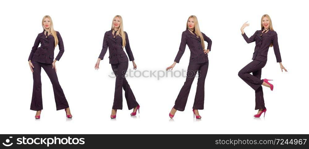 Pretty girl in purple retro suit isolated on white. The pretty girl in purple retro suit isolated on white