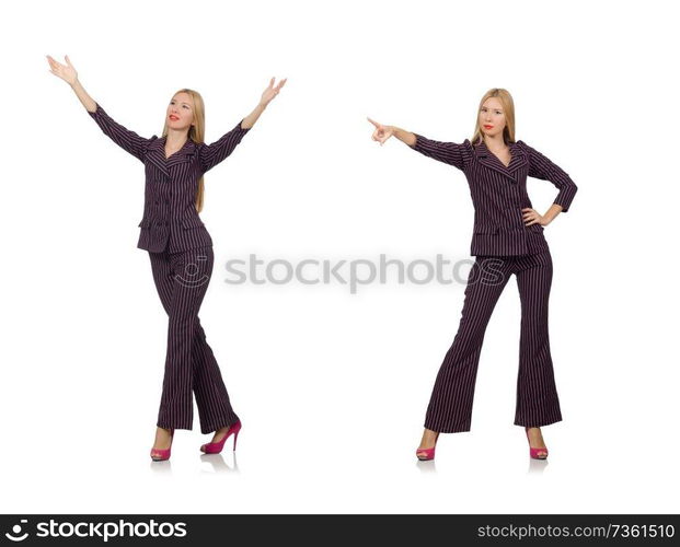 Pretty girl in purple retro suit isolated on white