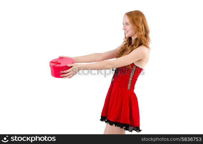 Pretty girl in red dress with casket isolated on white