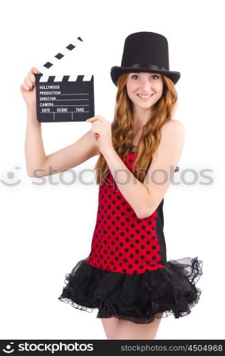 Pretty girl in red polka dot dress with movie board isolated on white
