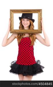 Pretty girl in red polka dot dress with picture frame isolated on white