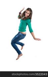 Pretty girl jumping isolated on a over white background