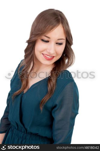 Pretty girl make up with brown eyes and elegant clothes isolated on a white background