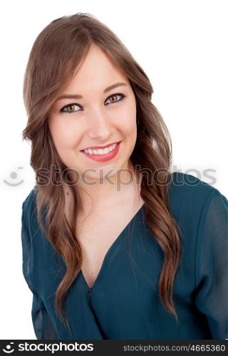 Pretty girl make up with brown eyes and elegant clothes isolated on a white background