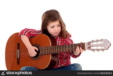 Pretty girl playing guitar isolated on white background