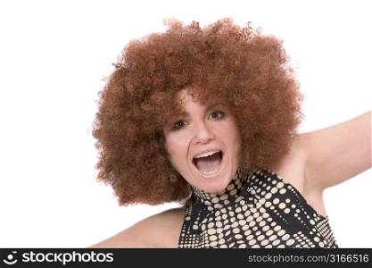 Pretty girl screaming with curly wig
