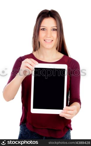 Pretty girl showing her tablet isolated on white background