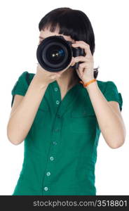 Pretty girl taking a photograph with camera