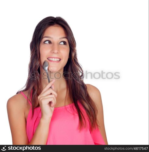 Pretty girl thinking what to eat isolated on a white background