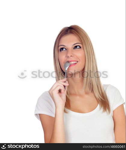 Pretty girl thinking what to eat isolated on a white background