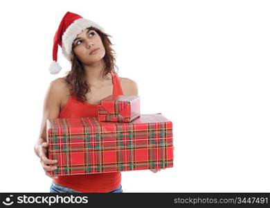 Pretty girl with christmas boxes and thoughtful expression
