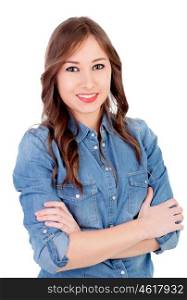 Pretty girl with denim shirt isolated on a white background
