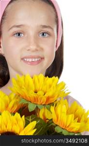 pretty girl with flowers a over white background