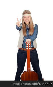 Pretty girl with hippie clothes and a guitar isolated on white background