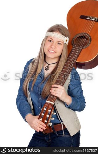 Pretty girl with hippie clothes and a guitar isolated on white background