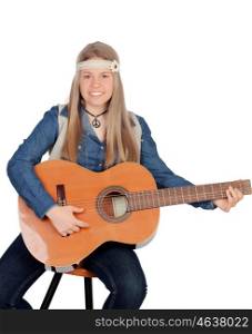 Pretty girl with hippie clothes and a guitar isolated on white background