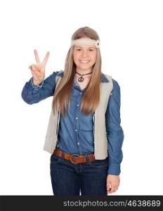 Pretty girl with hippie clothes making the peace symbol isolated on white background