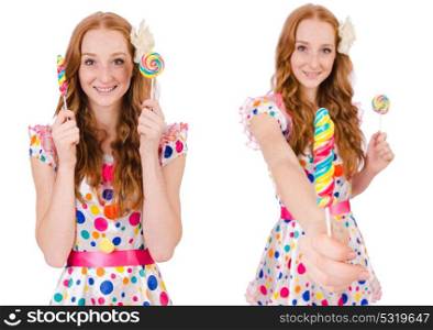 Pretty girl with lollypops isolated on white