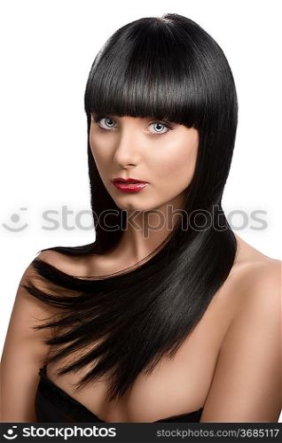 pretty girl with long, dark smooth hair and fringe, she is slightly turned of three quarters and looks in to the lens