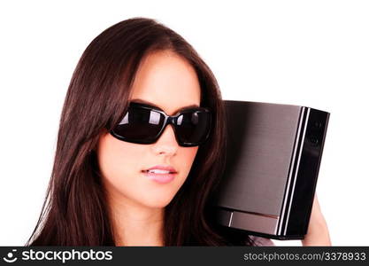 Pretty girl with modern MP3 stereo system on a white background