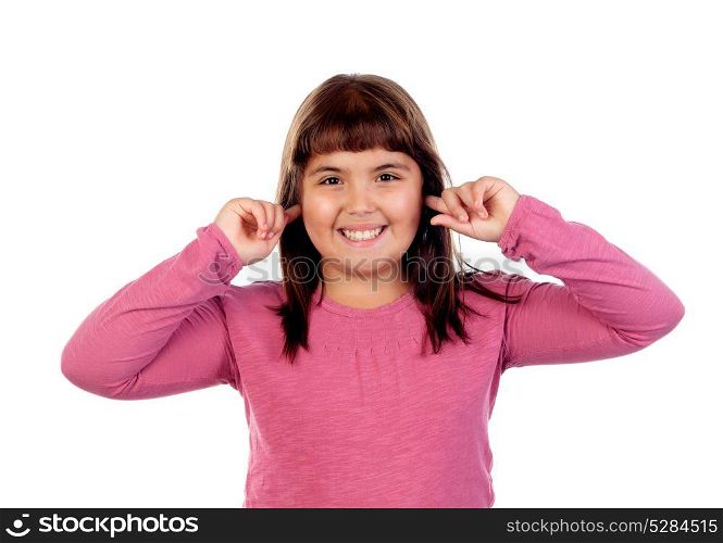 Pretty girl with pink t-shirt covering her ears isolated on a white background