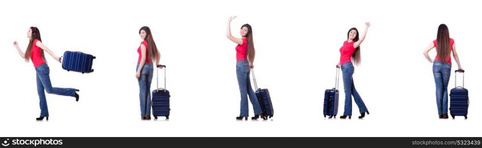Pretty girl with suitcase isolated on white