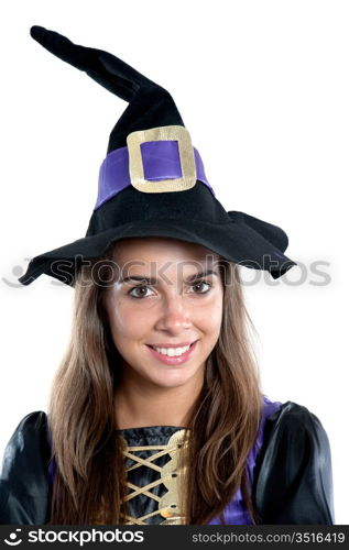 Pretty girl with witch costume isolated on white