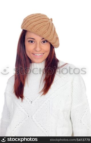 Pretty girl with wool hat isolated on a white background
