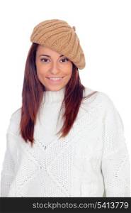 Pretty girl with wool hat isolated on a white background