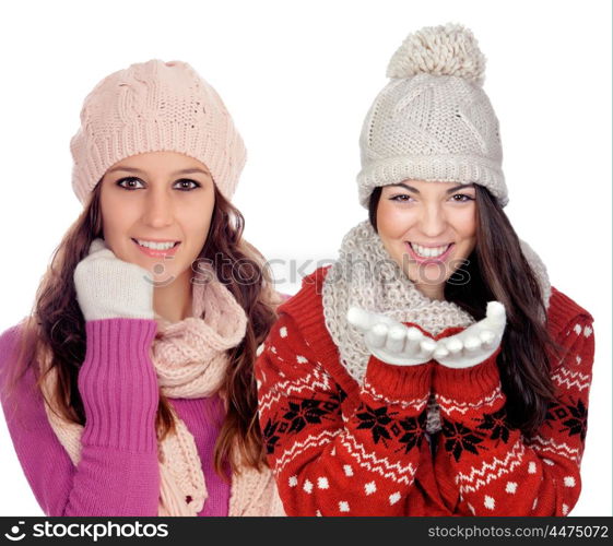 Pretty girls with woolen clothes smiling isolated on white background&#xA;