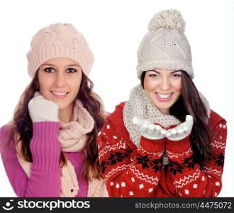 Pretty girls with woolen clothes smiling isolated on white background&#xA;