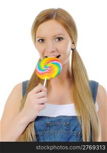 pretty happy curly woman with a lollipop in her hand. Isolated on white background