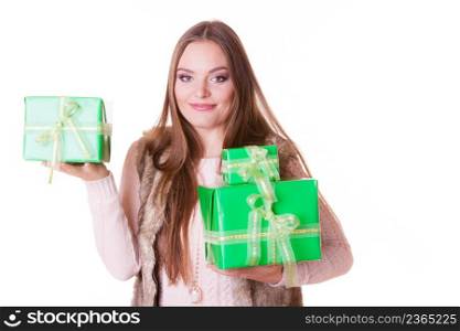 Pretty happy fashion woman with green boxes gifts isolated on white. Birthday anniversary concept.. Pretty fashion woman with boxes gifts. Birthday.