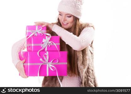 Pretty happy woman boxes gifts isolated on white. Christmas xmas winter season concept.. Pretty woman with boxes gifts. Christmas.