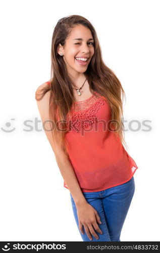Pretty happy woman winking - isolated over white background
