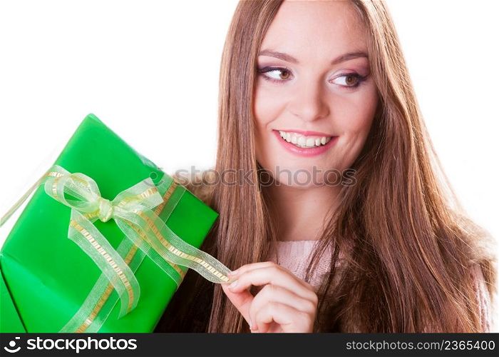 Pretty happy woman with green box gift isolated on white. Birthday anniversary concept.. Pretty happy woman with box gift. Birthday.